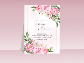 Beautiful hand drawn pink rose wedding invitation template
