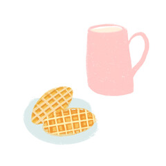 Breakfast pink cup and waffles illustration isolated on white background