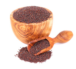 Black mustard seeds in olive bowl and scoop and spoon, isolated on white background.