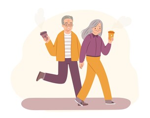 Modern senior people. Cute old couple having a walk together in love. Flat vector illustration of elderly people