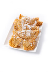 Spanish sweet stuffed pastry filled with angel hair isolated on white background