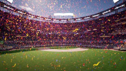empty stadium arena celebration a victory by strewn with confetti with animated fans crowd in the sunny day lights. High quality 4k footage - Powered by Adobe