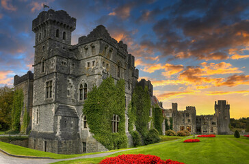 Amazing architecture of the Ashford castle in Co. Mayo at sunset, Ireland