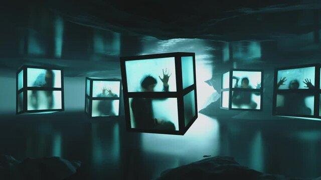 Young woman locked in a semi transparent floating box. Dolly shot. Symbolic illustration of madness, social isolation, psychosis, despair or depression.