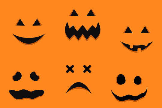 Collection of Halloween pumpkins carved faces silhouettes. Template with variety of eyes, mouths and noses for cut out jack o lantern. Vector illustration