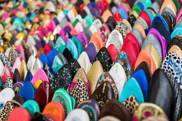 Typical moroccan colored shoes in a store, Morocco