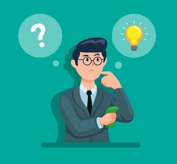 Businessman thinking to find idea symbol character cartoon illustration vector