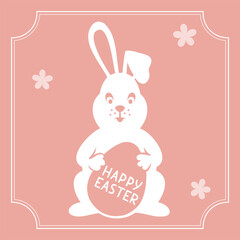 Obraz na płótnie Canvas Easter bunny holding Easter egg on pink background. Easter card vector illustration