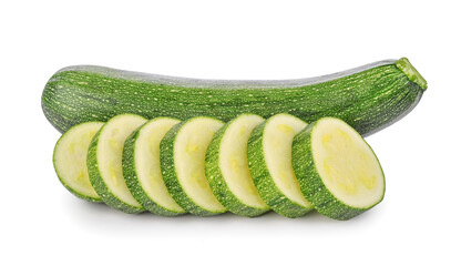 Whole zucchini with slices isolated on white background.