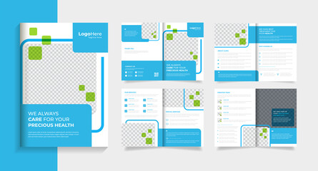 Medical clinic brochure design template 8 pages layout with green & blue shapes vector