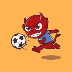 cute cartoon devil playing soccer. vector illustration for mascot logo or sticker