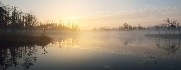 Сrystal clear lake (bog) in a fog at sunrise. Evergreen forest. Symmetry reflections on the water,...