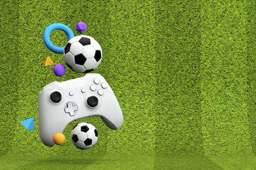 Soccer gaming background. Video game controller with a traditional football ball and grass pitch. 3D Rendering © ink drop