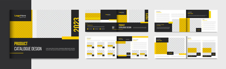 Landscape product catalogue brochure design template layout with yellow abstract shapes vector - obrazy, fototapety, plakaty