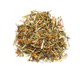 Pile of dry herbal tea isolated on white, top view