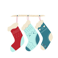 Three winter socks for holiday gifts. Vector illustration in the drawn style isolated on a white background