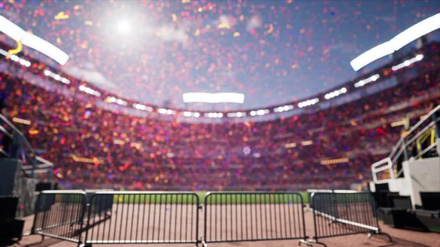 empty stadium arena celebration a victory by strewn with confetti with animated fans crowd in the sunny day lights. High quality 4k footage