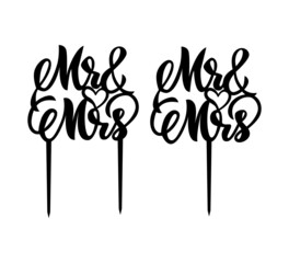 Mr and Mrs cake topper with heart. Ready for laser cutting machines