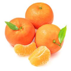 Mandarine oranges fruits with green leaf isolated on white background.  Fresh picked mandarins Top...