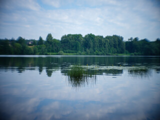 Fototapeta na wymiar country forest lake in summer with deep blue water with reflections
