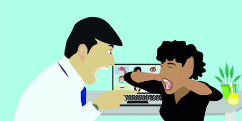 Emotional very angry and stressed business man is yelling in front of everyone employees to an african black woman in the office. She is covering her ears to protect. Agression concept in business