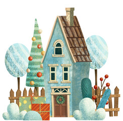Winter Christmas House Village with berries, snowdrift, pine and gifts. Hand drawn illustration.