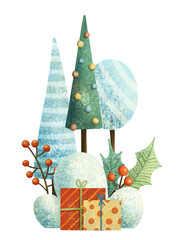Christmas tree with gifts, berries, snow and leaves. Hand drawn illustration.