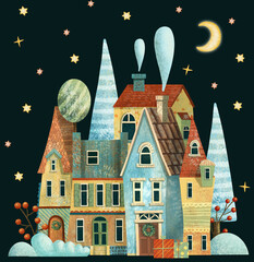 Night Christmas Winter Street Village City with stars, moon and snowdrift. Hand drawn illustration.