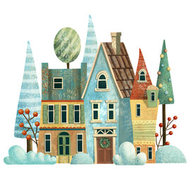 Winter Christmas Street Village City with berries, snowdrift, pine and fir. Hand drawn illustration.