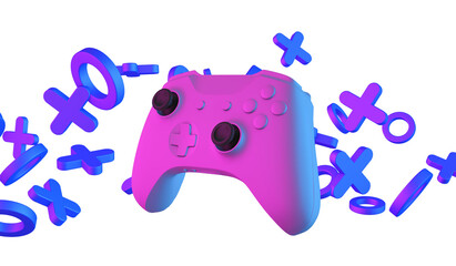 Video game controller and abstract shapes with neon stylized lighting. Gaming concept. 3D Rendering © ink drop