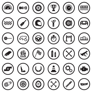 Racing Icons. Black Flat Design In Circle. Vector Illustration.