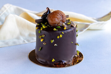 Chestnut and chocolate cake. Cake with chocolate outside and chestnut filling inside