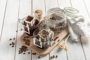 Drip coffee concept on white woob background