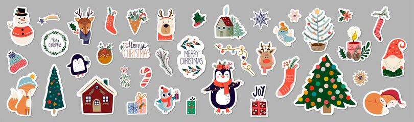 Christmas winter stickers collection with seasonal design, cute animals and elements for scrapbook - obrazy, fototapety, plakaty