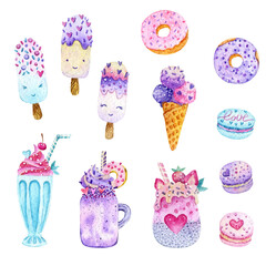 Watercolor ice cream and dessert illustration. Birthday and holiday food kawaii graphics. Vintage retro milkshakes, macarons, donuts isolated