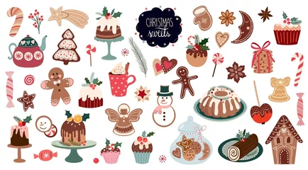 Fotobehang Christmas sweets big collection, with seasonal winter desserts, muffins, cookies, gingerbread, rolls, vector design decorative elements isolated on white, seasonal design © lilett