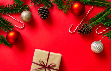 Background material of fir tree branches and Christmas decoration. モミの木の枝とクリスマスの飾りの背景素材