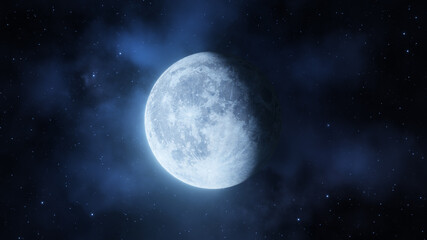 Fototapeta na wymiar Representation of the moon starting the waning phase on a background of nebulae and stars. Digital illustration