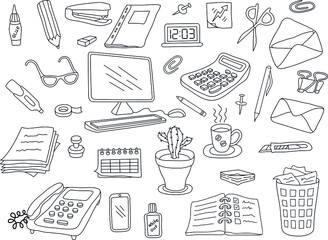 Office items doodles. Vector illustration.