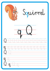 Plansza do nauki pisania liter alfabetu, litera q