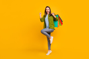 Fototapeta na wymiar Photo of excited lucky young woman dressed green shirt holding bargains rising fist smiling isolated yellow color background