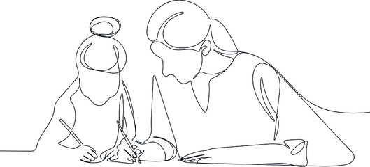 Continuous one line drawing of loving young mother and daughter drawing painting in album or learn to write in notebooks or in writing.Vector