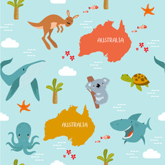 Print. Australia map with cartoon animals. Keith, kangaroo, koala, turtle, fish - obrazy, fototapety, plakaty