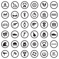 Triathlon Icons. Black Flat Design In Circle. Vector Illustration.