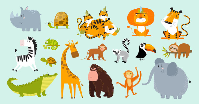 Printю Safari animals set. Wild animals. Cartoon characters.