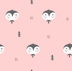 Print. Pink seamless background with cute owls. Forest background with cartoon owls. Cute penguin. Can be printed on fabric. 