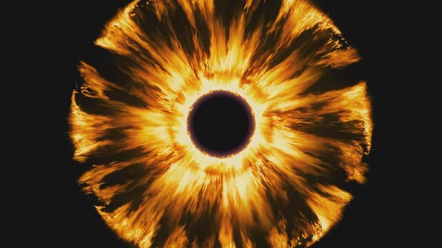 Fantasy illustration, a burning ring looking like a burning eye iris. Visual loop created from a real life slow motion fire footage. 