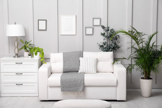 Living room interior with white furniture, stylish accessories and houseplants © New Africa
