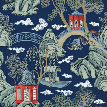 Vintage Chinese pagoda, boat, mountain, trees floral seamless pattern blue background. Chinoiserie landscape wallpaper.