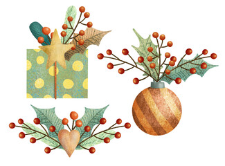 Set of christmas arrangements with ball, gift, leaves, pine, berries and star. Hand drawn illustration.